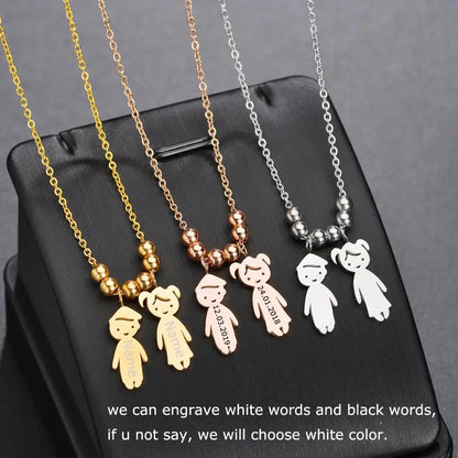 Stainless Steel Boy Girl Kids Pendant Personalized Necklace Women Child Engraved Name Date Beads Necklaces Family Jewelry Gift